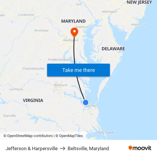 Jefferson & Harpersville to Beltsville, Maryland map