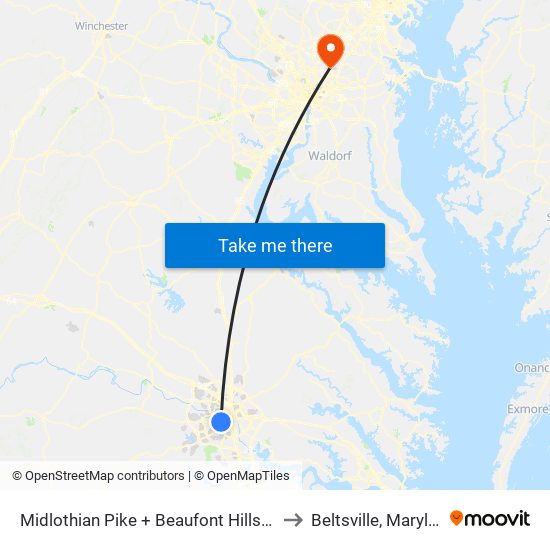 Midlothian Pike + Beaufont Hills Drive to Beltsville, Maryland map