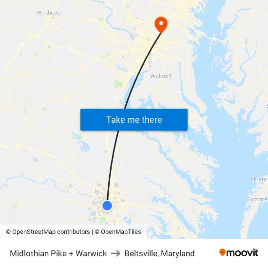 Midlothian Pike + Warwick to Beltsville, Maryland map