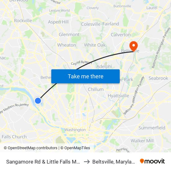 Sangamore Rd & Little Falls Mall to Beltsville, Maryland map