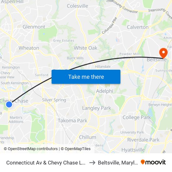 Connecticut Av & Chevy Chase Lake Dr to Beltsville, Maryland map