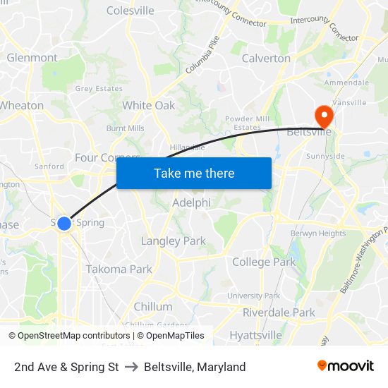 2nd Ave & Spring St to Beltsville, Maryland map