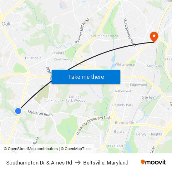 Southampton Dr & Ames Rd to Beltsville, Maryland map