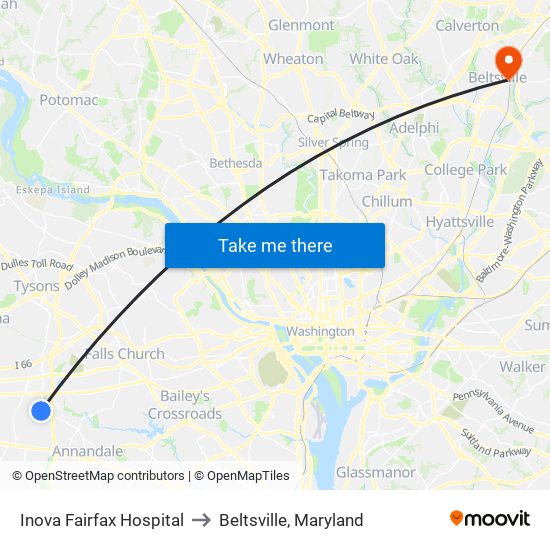 Inova Fairfax Hospital to Beltsville, Maryland map