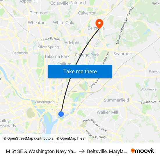 M St SE & Washington Navy Yard to Beltsville, Maryland map