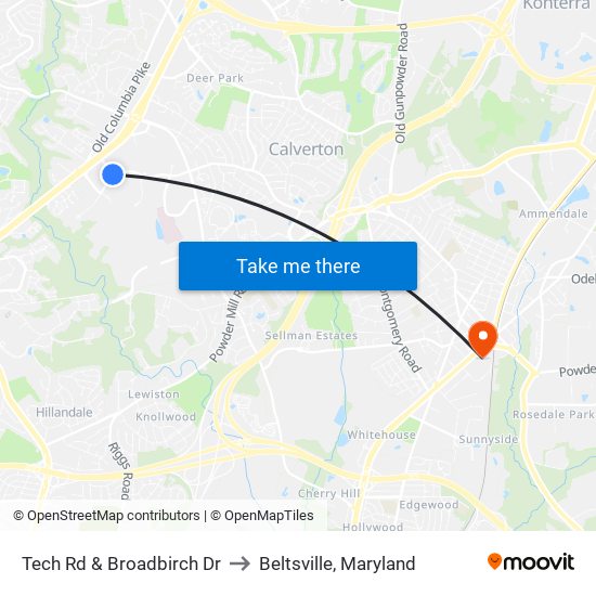 Tech Rd & Broadbirch Dr to Beltsville, Maryland map