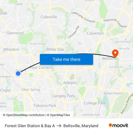 Forest Glen Station & Bay A to Beltsville, Maryland map