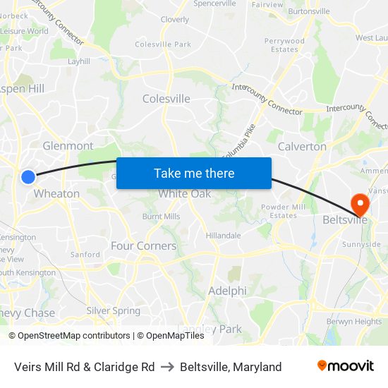 Veirs Mill Rd & Claridge Rd to Beltsville, Maryland map