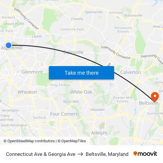 Connecticut Ave & Georgia Ave to Beltsville, Maryland map