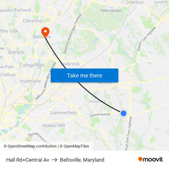Hall Rd+Central Av to Beltsville, Maryland map