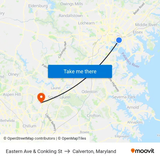 Eastern Ave & Conkling St to Calverton, Maryland map