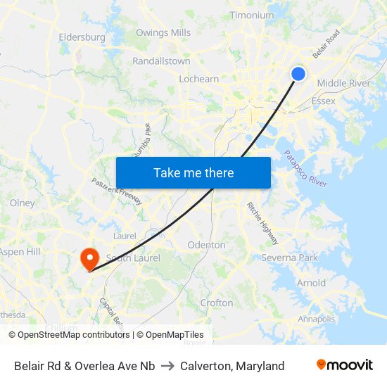 Belair Rd & Overlea Ave Nb to Calverton, Maryland map