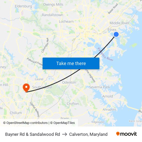 Bayner Rd & Sandalwood Rd to Calverton, Maryland map