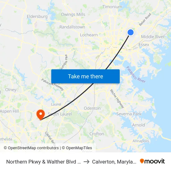 Northern Pkwy & Walther Blvd Eb to Calverton, Maryland map