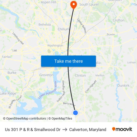 Us 301 P & R & Smallwood Dr to Calverton, Maryland map