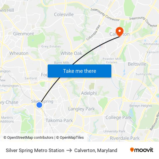Silver Spring Metro Station to Calverton, Maryland map