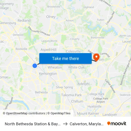 North Bethesda Station & Bay D to Calverton, Maryland map