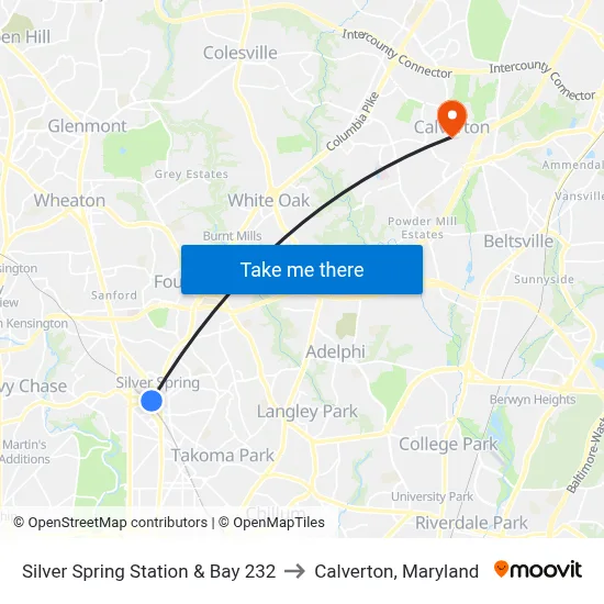 Silver Spring Station & Bay 232 to Calverton, Maryland map