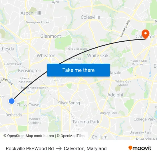 Rockville Pk+Wood Rd to Calverton, Maryland map