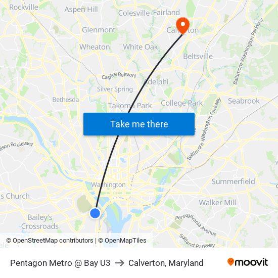 Pentagon Metro @ Bay U3 to Calverton, Maryland map