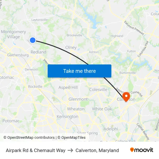Airpark Rd & Chemault Way to Calverton, Maryland map