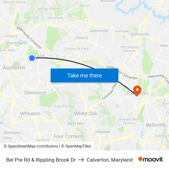 Bel Pre Rd & Rippling Brook Dr to Calverton, Maryland map