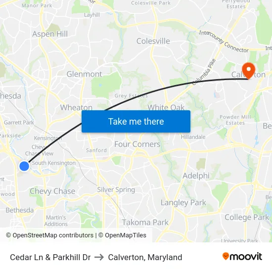 Cedar Ln & Parkhill Dr to Calverton, Maryland map