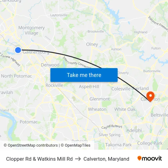 Clopper Rd & Watkins Mill Rd to Calverton, Maryland map