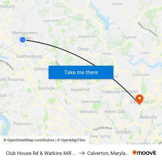 Club House Rd & Watkins Mill Rd to Calverton, Maryland map