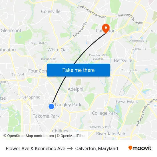 Flower Ave & Kennebec Ave to Calverton, Maryland map