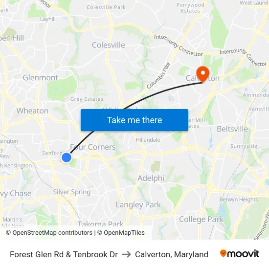 Forest Glen Rd & Tenbrook Dr to Calverton, Maryland map