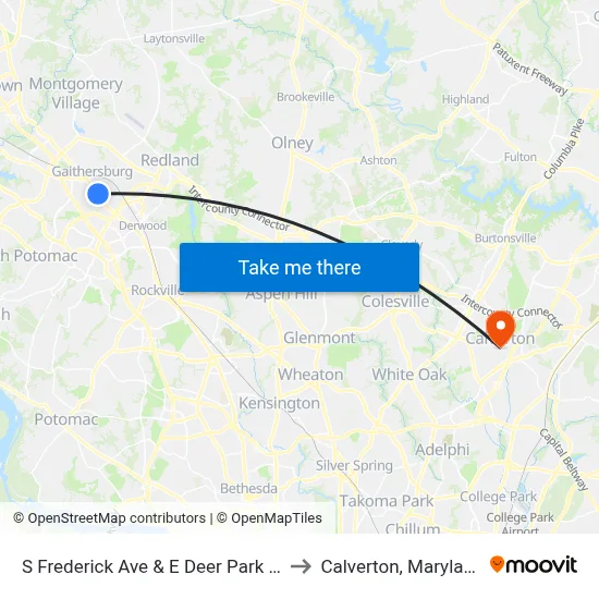 S Frederick Ave & E Deer Park Dr to Calverton, Maryland map