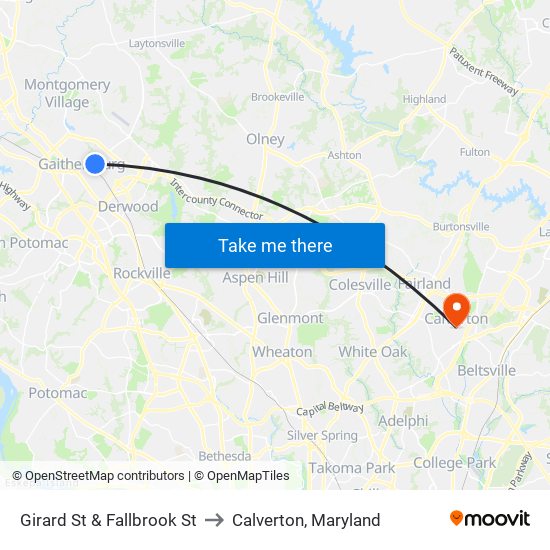 Girard St & Fallbrook St to Calverton, Maryland map