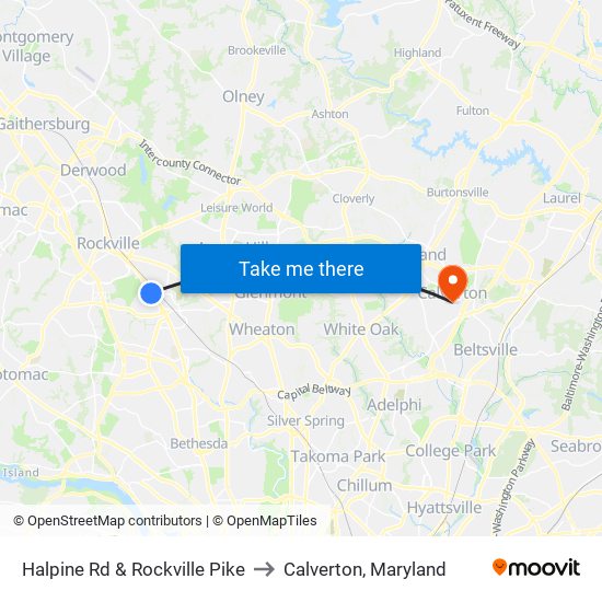 Halpine Rd & Rockville Pike to Calverton, Maryland map