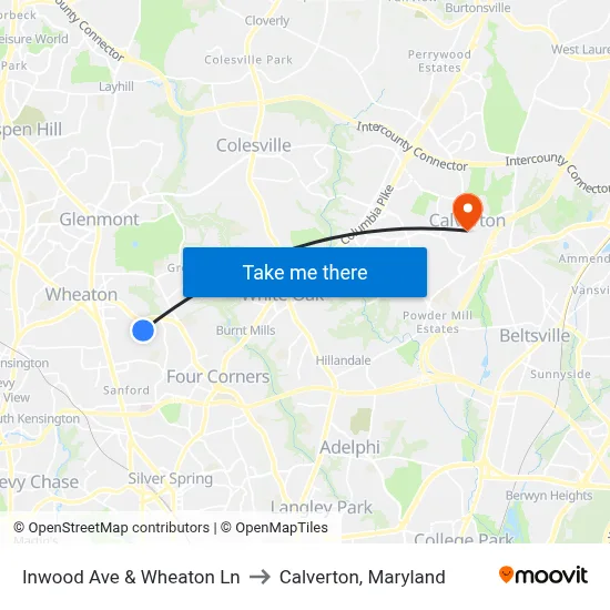 Inwood Ave & Wheaton Ln to Calverton, Maryland map