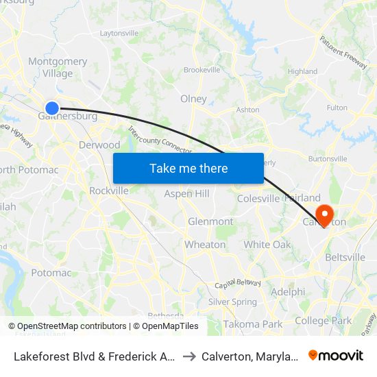 Lakeforest Blvd & Frederick Ave to Calverton, Maryland map