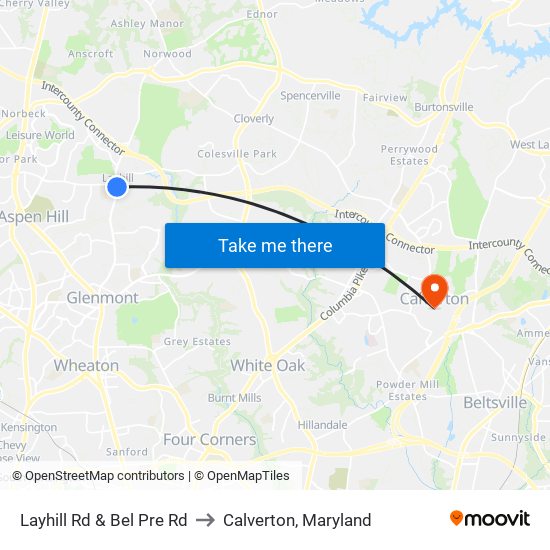 Layhill Rd & Bel Pre Rd to Calverton, Maryland map