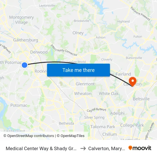 Medical Center Way & Shady Grove Rd to Calverton, Maryland map