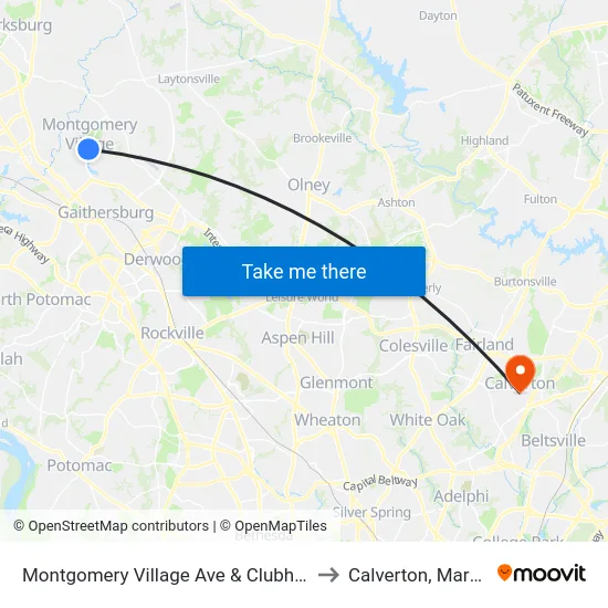 Montgomery Village Ave & Clubhouse Rd to Calverton, Maryland map