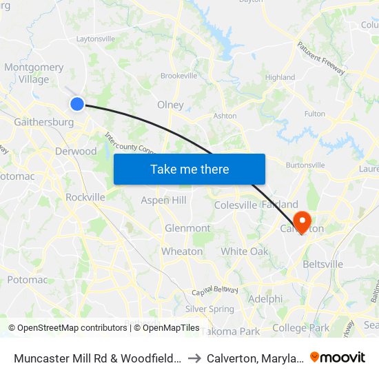 Muncaster Mill Rd & Woodfield Rd to Calverton, Maryland map