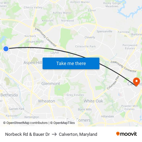 Norbeck Rd & Bauer Dr to Calverton, Maryland map