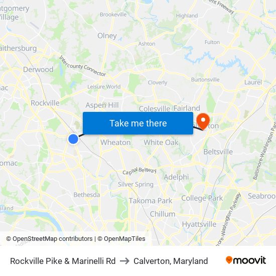 Rockville Pike & Marinelli Rd to Calverton, Maryland map