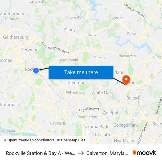 Rockville Station & Bay A - West to Calverton, Maryland map