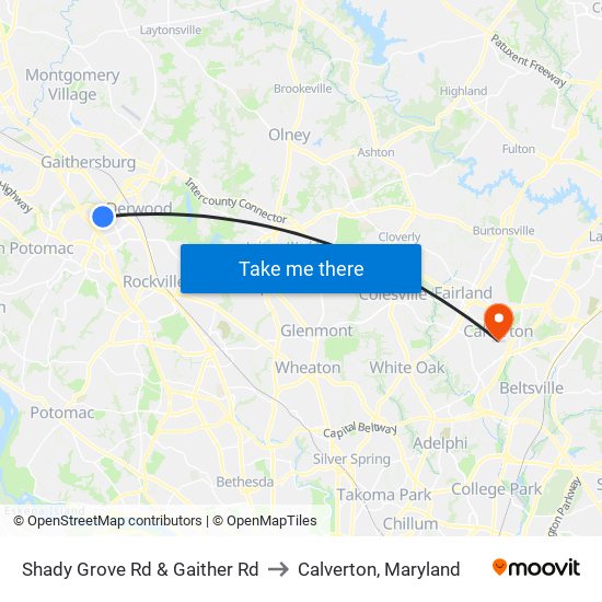 Shady Grove Rd & Gaither Rd to Calverton, Maryland map