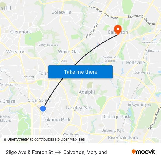 Sligo Ave & Fenton St to Calverton, Maryland map