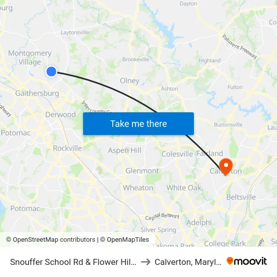 Snouffer School Rd & Flower Hill Way to Calverton, Maryland map