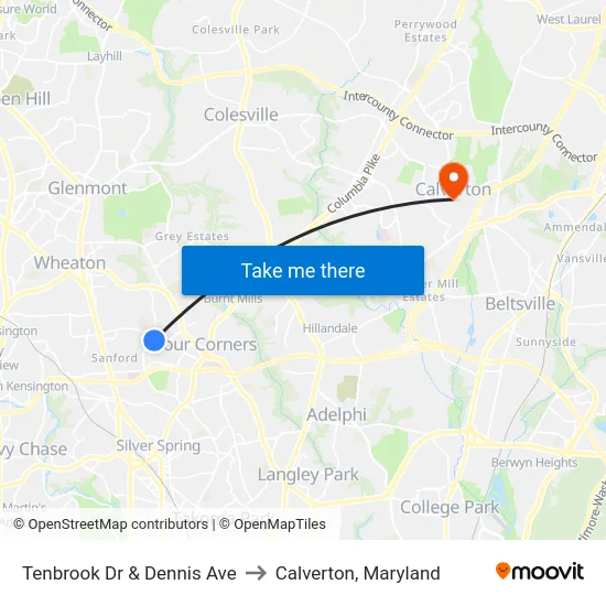 Tenbrook Dr & Dennis Ave to Calverton, Maryland map