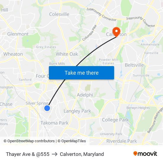 Thayer Ave & @555 to Calverton, Maryland map