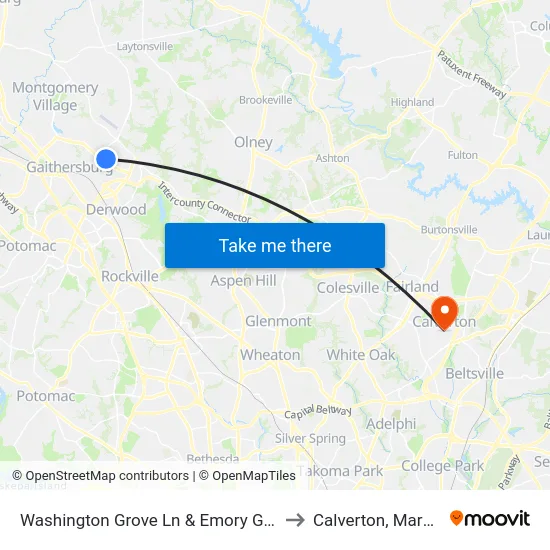 Washington Grove Ln & Emory Grove Rd to Calverton, Maryland map