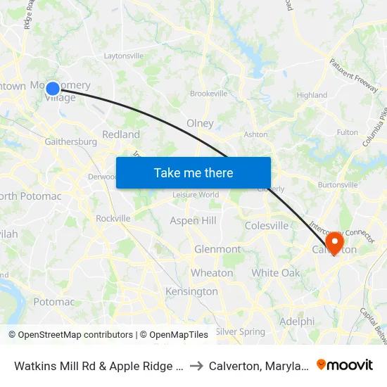 Watkins Mill Rd & Apple Ridge Rd to Calverton, Maryland map